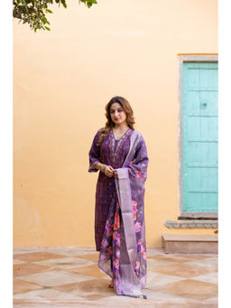 Nehamta - Womens Dark Purple Embroidered Kurta with Pant and Dupatta (Set of 3)