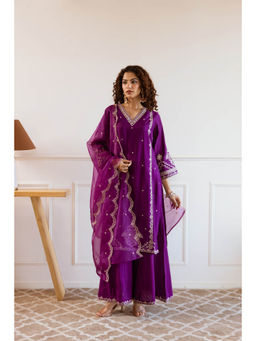 Nehamta - Womens Purple Embroidered Kurta with Palazzo and Dupatta (Set of 3)