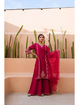 Nehamta - Womens Magenta Embroidered Kurta with Palazzo and Dupatta (Set of 3)