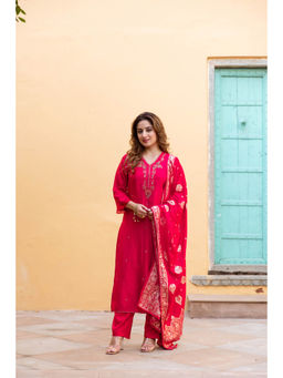 Nehamta - Womens Fuchsia Pink Sequined Kurta with Pant and Dupatta (Set of 3)