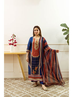 Nehamta - Womens Navy Blue Dolla Silk Printed Kurta with Palazzo and Dupatta (Set of 3)