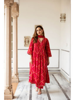 Nehamta - Womens Red Printed Flared Kurta with Pant and Dupatta (Set of 3)