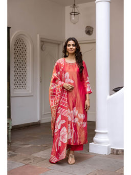 Nehamta - Womens Red Simmer Printed Kurta with Palazzo and Dupatta (Set of 3)