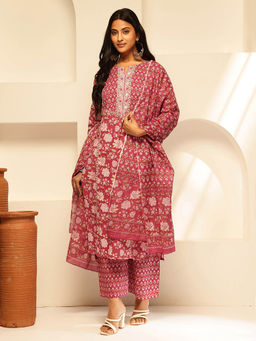 Vbuyz - Womens Dark Pink Floral Print Kurta with Palazzo and Dupatta (Set of 3)