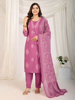 Vbuyz - Womens Pink Floral Print Straight Kurta with Pant and Dupatta (Set of 3)