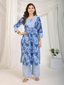 Vbuyz - Womens Blue Floral Print Kurta with Palazzo (Set of 2)