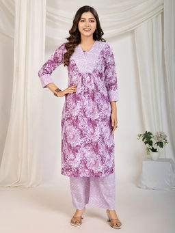 Vbuyz - Womens Purple Floral Print Kurta with Palazzo (Set of 2)