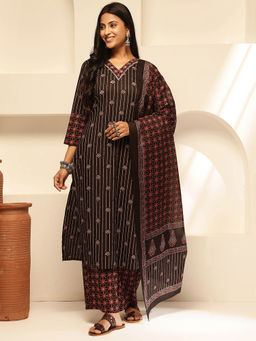 Vbuyz - Womens Dark Brown Floral Print Kurta with Palazzo and Dupatta (Set of 3)