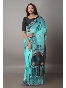 Unnati Silks - Turquoise Pure Block Printed Kota Cotton Saree with Unstitched Blouse