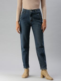 SHOWOFFFF - Women Clean Look Blue Mom Fit Denim Jeans