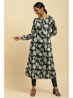 W - Black Floral Printed Embroidered Winter Kurta