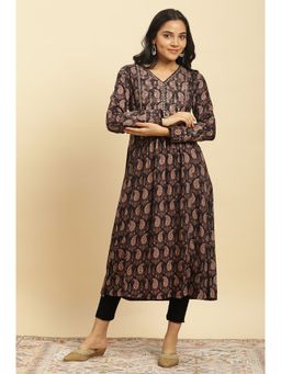 W - Black Paisley Printed Kurta with Kasab Embroidery