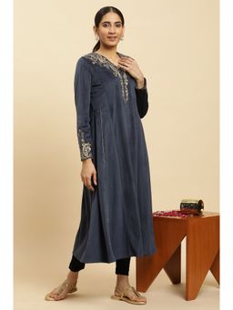 W - Blue Embroidered Flared Velvet Kurta