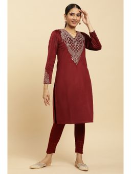 W - Maroon Embroidered Flared Velvet Kurta
