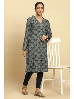 W - Green Printed Winter Kurta with Embroidery