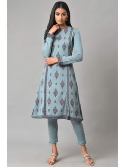 W - Blue Printed Knitted Winter Kurta
