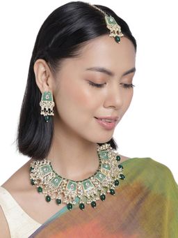 Accessher - Gold Toned Kundan Meenakari Green-White Jewellery Set with Pearls & Beads