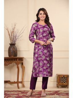 PIROH - Women Modal & Shantoon Floral Print Straight Kurta Pant Purple (Set of 2)