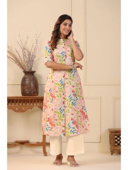 PIROH - Women Cotton Floral Print A-Line Kurta Cream