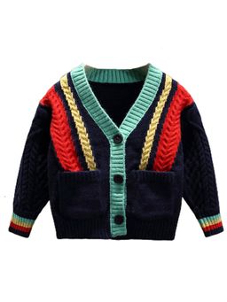 Little Surprise Box - Navy Blue Striking Bold Stripes Cardigan Sweater V Neck Front Button
