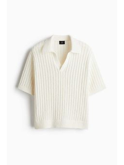 H&M - Men White Loose Fit Rib-Knit Polo Shirt