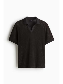 H&M - Men Black Regular Fit Hole-Knit Polo Shirt