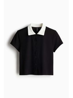 H&M - Women Black Ribbed Short-Sleeved Shirt