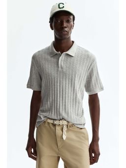 H&M - Men Grey Slim Fit Textured Jersey Polo Shirt