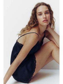 H&M - Women Navy Blue Lace-Trimmed Satin Nightslip