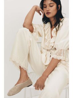 H&M - Women Beige Lace-Trimmed Drawstring Trousers