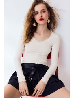 H&M - Women White Lace-Trimmed Jersey Top