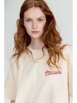 H&M - Women Beige Oversized print-motif T-shirt