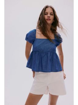 H&M - Women Blue Tie-Back Puff-Sleeved Top