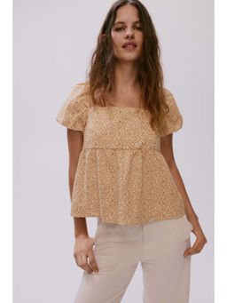 H&M - Women Beige Tie-Back Puff-Sleeved Top