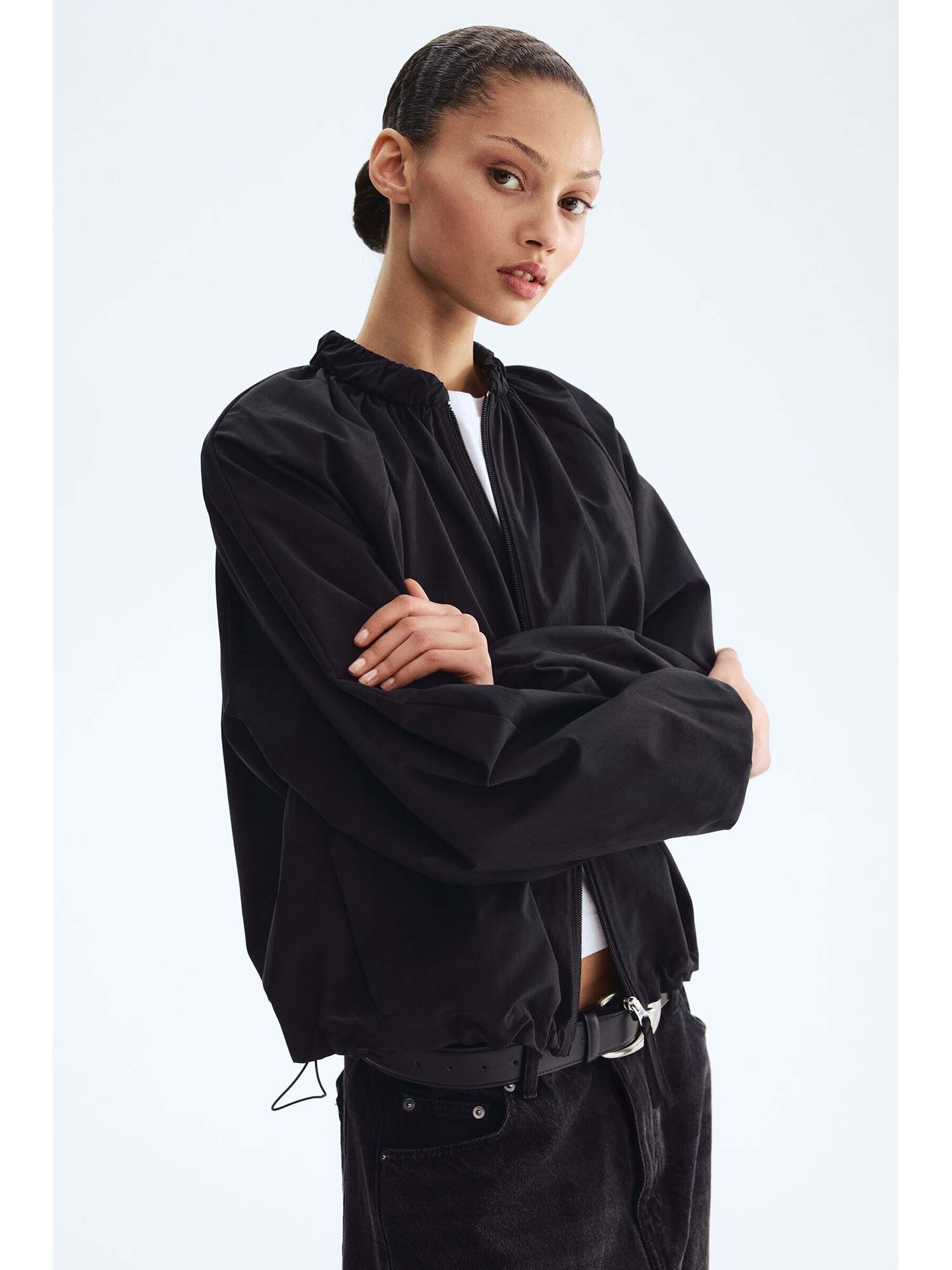 h&m Women Black Gathered Bomber Jacket-picture-34