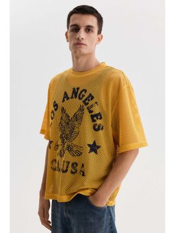 H&M - Men Yellow Oversized Fit Printed Mesh T-Shirt