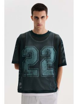 H&M - Men Turquoise Oversized Fit Printed Mesh T-Shirt