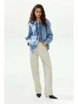 H&M - Women Blue Frill-trimmed denim shirt