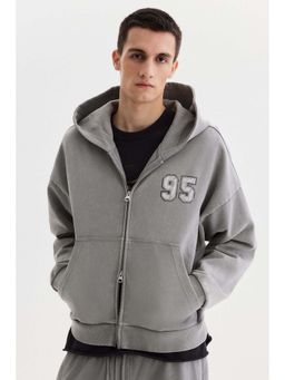 H&M - Men Grey Oversized Fit Boxy Zip-Through Hoodie