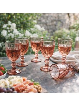 NFI Essentials - Set Of 6 Embossed Crystal Clear Glass Goblet Elegant Stemmed Drinking Glass For Water
