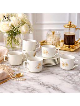 NFI Essentials - Ceramic Cup & Saucer Set Of 6 Pcs Tea/Coffee Cup, Microwave & Dishwasher Safe