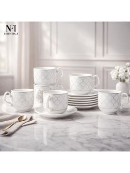 NFI Essentials - Ceramic Cup & Saucer Set Of 6 Pcs Tea/Coffee Cup, Microwave & Dishwasher Safe