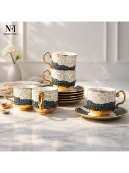 NFI Essentials - Ceramic Cup & Saucer Set Of 6 Pcs Tea/Coffee Cup, Microwave & Dishwasher Safe