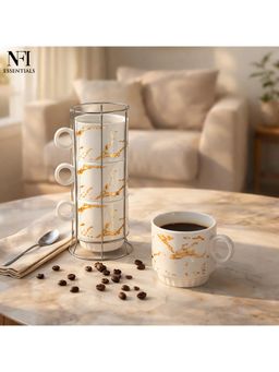 NFI Essentials - Ceramic Coffee Mug Set Of 4 With Metal Stackable Stand Tea & Coffee Cups