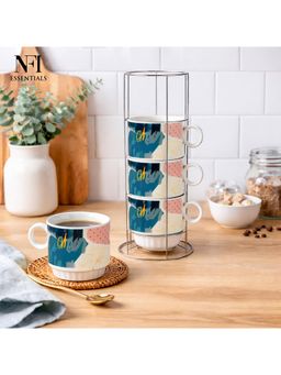 NFI Essentials - Ceramic Coffee Mug Set Of 4 With Metal Stackable Stand Tea & Coffee Cups