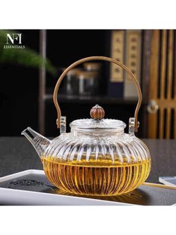 NFI Essentials - Ribbed Glass Teapot With Wooden Handle, Removable Filter & Drip-Free Spout