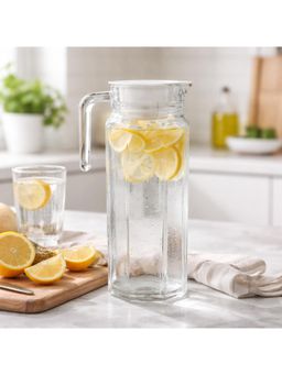 NFI Essentials - Glass Water Jug With Lid And Strong Handle 1.1 L For Dining Table Transparent Pitcher