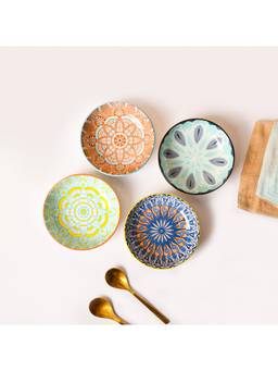 Voncasa - Blue & Yellow 4 Pieces Printed Ceramic Chutney Bowls 90Ml Each