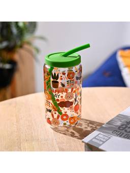 Voncasa - 500Ml Glass Sipper Glossy Cartoon Print Design Durable Glass Material