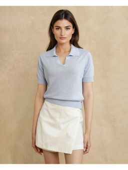 RAREISM - Women Blue Cotton Blend Collar Neck Polo T-Shirt